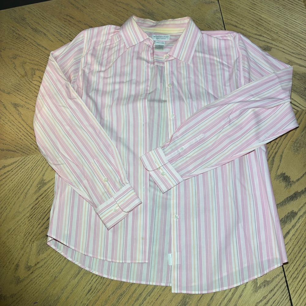 Worthington Mens Pink Striped Non Iron Button Down Shirt 100% Cotton Size 16